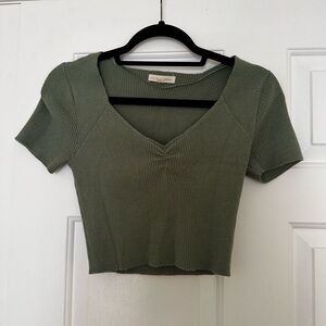 Green Ribbed V-Neck Top